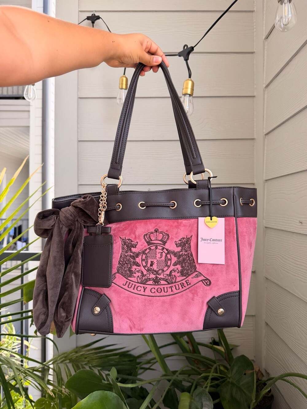 Juicy Couture Pink Velvet Daydreamer Tote Bag Brown Trim Scottie Dog